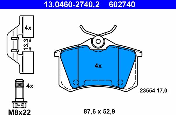 ATE 13.0460-2740.2 - Комплект тормозных колодок задн (с аксессуарами с болтами направляющих суппорта), DS DS 3 CITROEN C3 autosila-amz.com