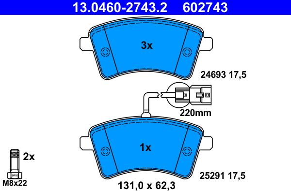 ATE 13.0460-2743.2 - Тормозные колодки, дисковые, комплект autosila-amz.com