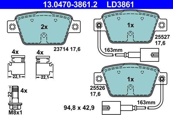 ATE 13.0470-3861.2 - Тормозные колодки, дисковые, комплект autosila-amz.com