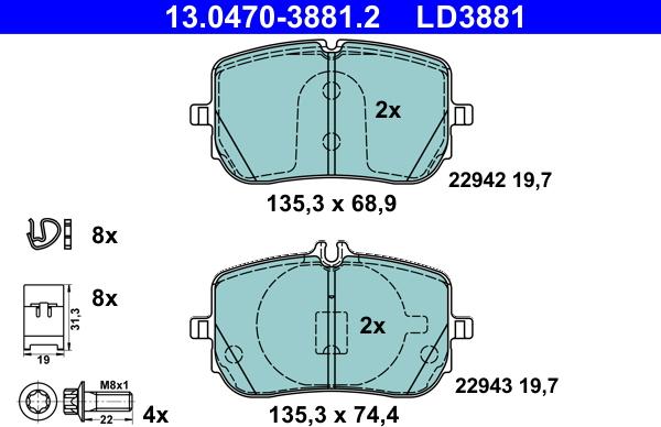 ATE 13.0470-3881.2 - Тормозные колодки, дисковые, комплект autosila-amz.com