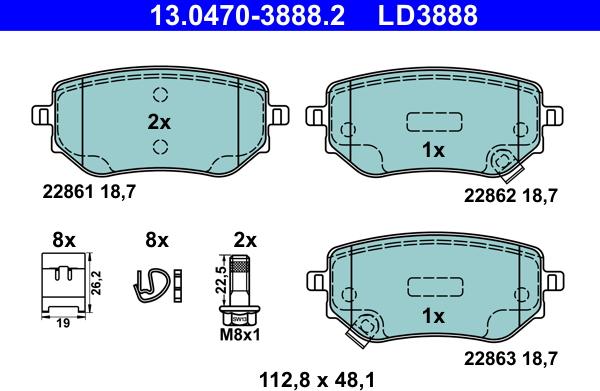 ATE 13.0470-3888.2 - Тормозные колодки, дисковые, комплект autosila-amz.com