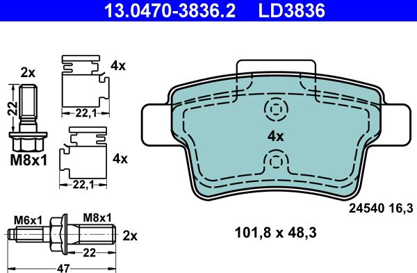 ATE 13.0470-3836.2 - Тормозные колодки, дисковые, комплект autosila-amz.com