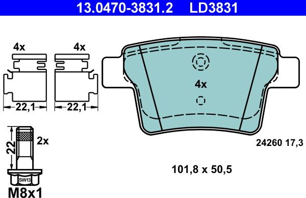 ATE 13.0470-3831.2 - Тормозные колодки, дисковые, комплект autosila-amz.com