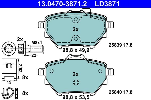 ATE 13.0470-3871.2 - Тормозные колодки, дисковые, комплект autosila-amz.com