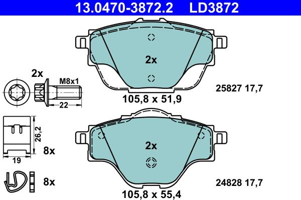 ATE 13.0470-3872.2 - Тормозные колодки, дисковые, комплект autosila-amz.com