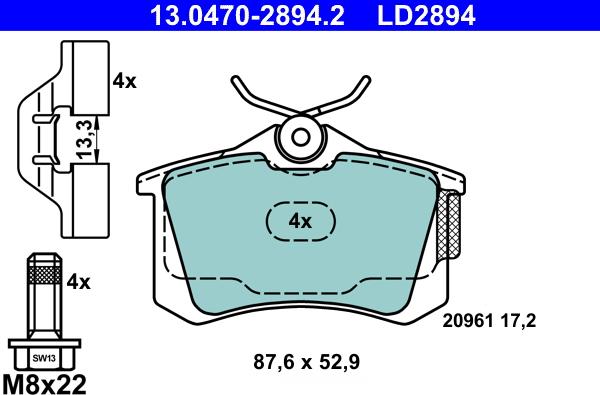 ATE 13.0470-2894.2 - Тормозные колодки, дисковые, комплект autosila-amz.com