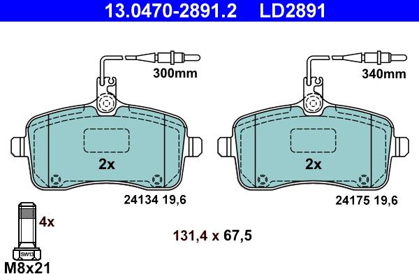 ATE 13.0470-2891.2 - Тормозные колодки, дисковые, комплект autosila-amz.com