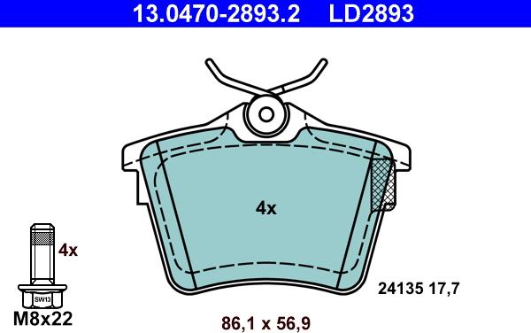 ATE 13.0470-2893.2 - Тормозные колодки, дисковые, комплект autosila-amz.com