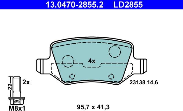 ATE 13.0470-2855.2 - Тормозные колодки, дисковые, комплект autosila-amz.com