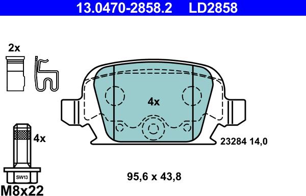 ATE 13.0470-2858.2 - колодки дисковые ! Сeramic задн. 95.6x43.8x14.0 \OPEL CORSA C 1.3 CDTI (2003>2009), 16V (2005>2006), autosila-amz.com