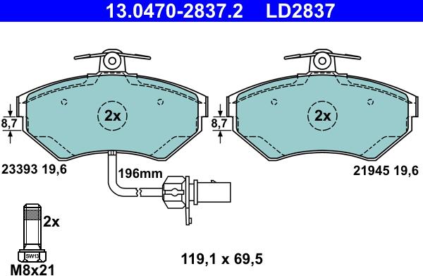 ATE 13.0470-2837.2 - Тормозные колодки, дисковые, комплект autosila-amz.com