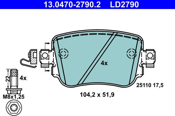 ATE 13.0470-2790.2 - КОЛОДКИ тормозные задние комплект без датчиков износа autosila-amz.com