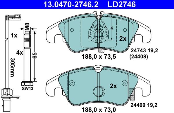 ATE 13.0470-2746.2 - Тормозные колодки, дисковые, комплект autosila-amz.com