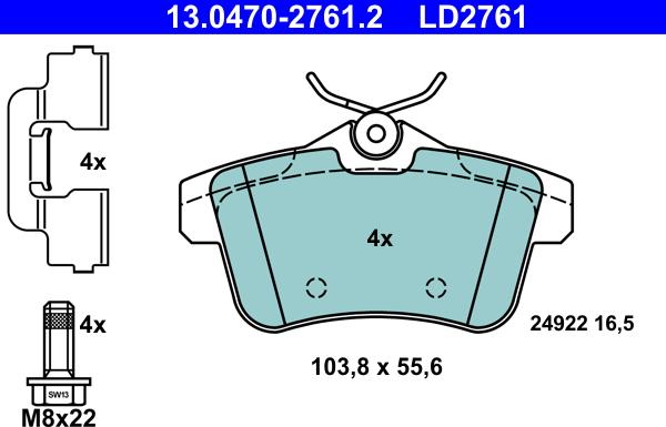 ATE 13.0470-2761.2 - Тормозные колодки, дисковые, комплект autosila-amz.com