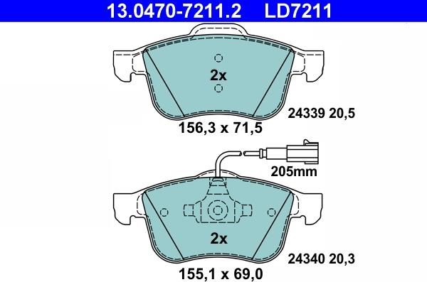 ATE 13.0470-7211.2 - колодки дисковые ! Сeramic перед. \ALFA ROMEO 159 1.8 MPI (2005>2011), 1.9 JTS, (2006>2011), 2.2 (2 autosila-amz.com