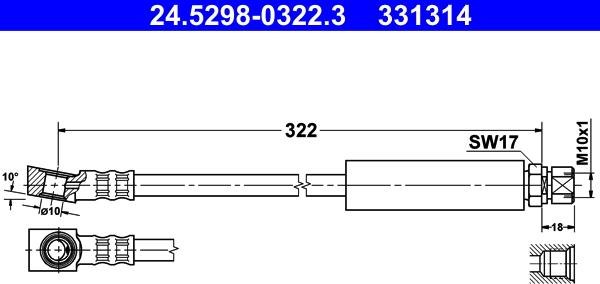 ATE 24.5298-0322.3 - шланг торм.! перед. L322, F:M10x1, 10, \OPEL, SAAB 900 II 2.0 -16 Turbo (1993>1998), i (1993>1994), autosila-amz.com