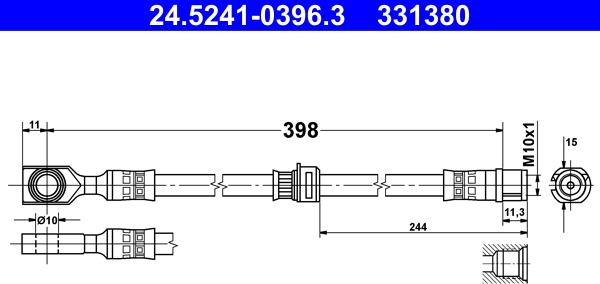 ATE 24.5241-0396.3 - шланг торм.! L398, F:M10x1, 10, \OPEL ASTRA G 1.2 16V (1998>2000), (2000>2004), (2000>2005), autosila-amz.com