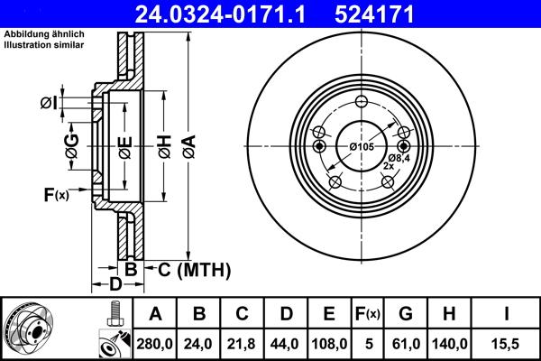 ATE 24.0324-0171.1 - Тормозной диск, 1шт., ATE PowerDisc, Вентилируемый, Порез, передн Лев/Прав, наружный диаметр 280 мм, autosila-amz.com