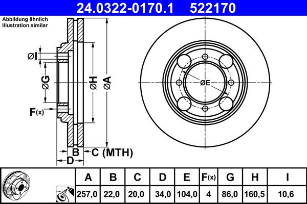 ATE 24.0322-0170.1 - диск тормозной ! перед. 257x22 H34 d86/160.5 4-104 \HYUNDAI COUPE 1.6 16V (1998>2002), i (1996>2002) autosila-amz.com