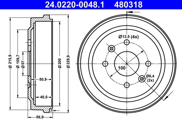 ATE 24.0220-0048.1 - барабан тормозной! 201x40.5 H56.9 4xd12.5-100 \CHEVROLET AVEO / KALOS 1.2 (2008>), LPG (2008>2011), autosila-amz.com