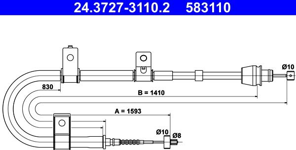 ATE 24.3727-3110.2 - трос ручника ! \HYUNDAI ELANTRA III 1.6 (2000>2006), (2003>2006), 1.8 (2000>2003), ELANT autosila-amz.com