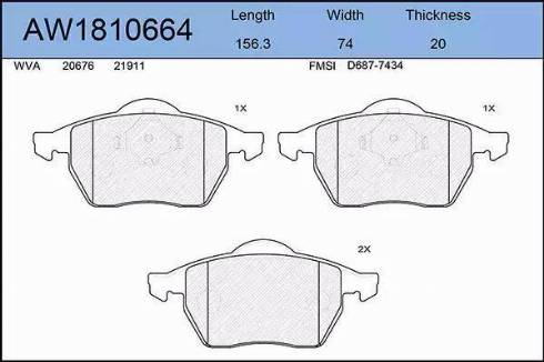 Aywiparts AW1810664 - Колодки тормозные передние AUDI A3 1,8 12/96-05/03, TT 1,8 10/98-06/06, SKODA Oc autosila-amz.com