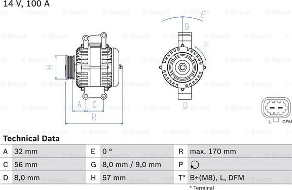 BOSCH 0 986 044 010 - Генератор (14V, 100A) OPEL ASTRA G, SPEEDSTER, VECTRA B, VECTRA C, VECTRA C GTS, ZAFIRA A 2.0/2.2 06 autosila-amz.com