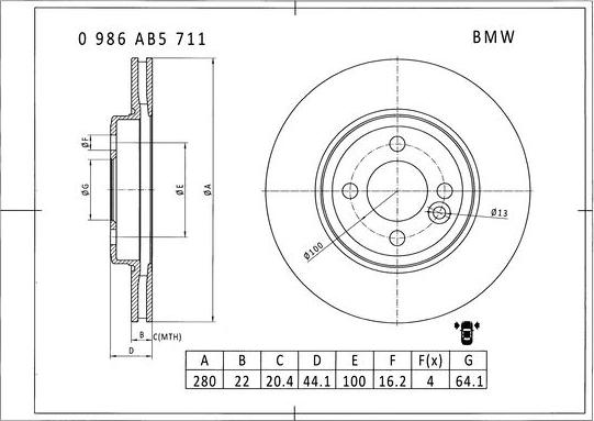 BOSCH 0 986 AB5 711 - Тормозной диск autosila-amz.com