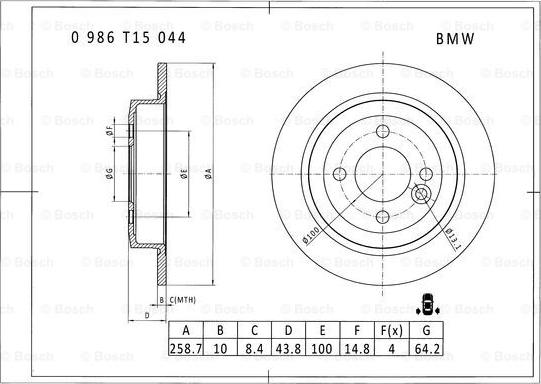 BOSCH 0 986 T15 044 - Тормозной диск autosila-amz.com