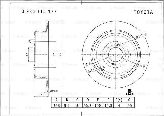 BOSCH 0 986 T15 177 - Тормозной диск autosila-amz.com