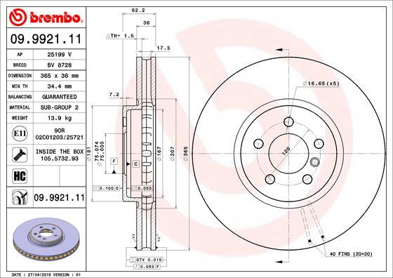 Brembo 09.9921.11 - Тормозной диск autosila-amz.com