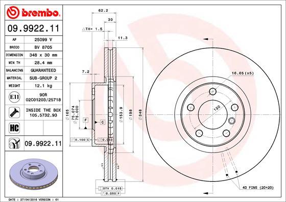 Brembo 09.9922.11 - Тормозной диск autosila-amz.com