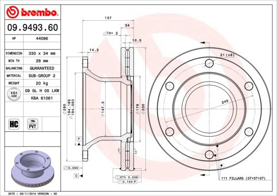 Brembo 09.9493.60 - Тормозной диск autosila-amz.com