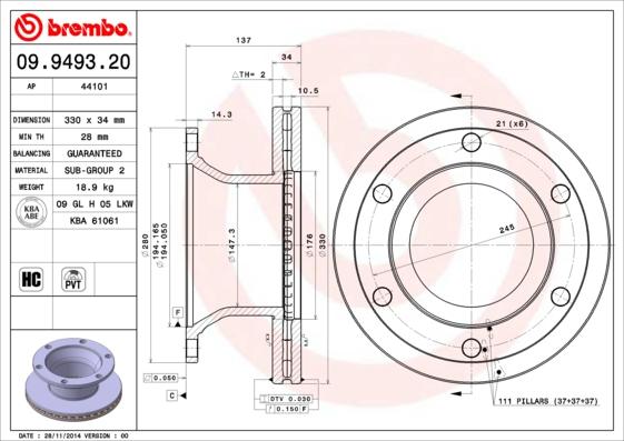 Brembo 09.9493.20 - Тормозной диск autosila-amz.com