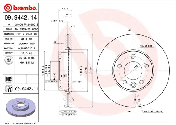 Brembo 09.9442.14 - Тормозной диск autosila-amz.com