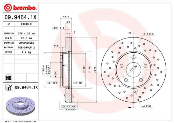 Brembo 09.9464.1X - Тормозной диск autosila-amz.com