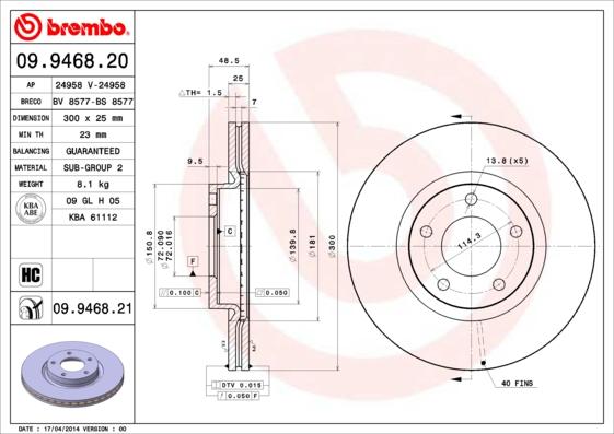 Brembo 09.9468.20 - Тормозной диск autosila-amz.com
