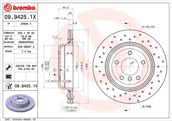 Brembo 09.9425.1X - Тормозной диск autosila-amz.com