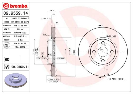 Brembo 09.9559.14 - Тормозной диск autosila-amz.com