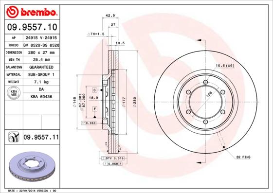 Brembo 09.9557.10 - Тормозной диск autosila-amz.com