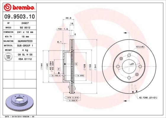 Brembo 09.9503.10 - Тормозной диск autosila-amz.com