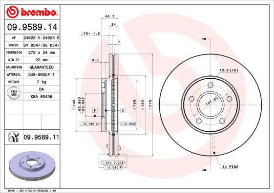 Brembo 09.9589.14 - Тормозной диск autosila-amz.com