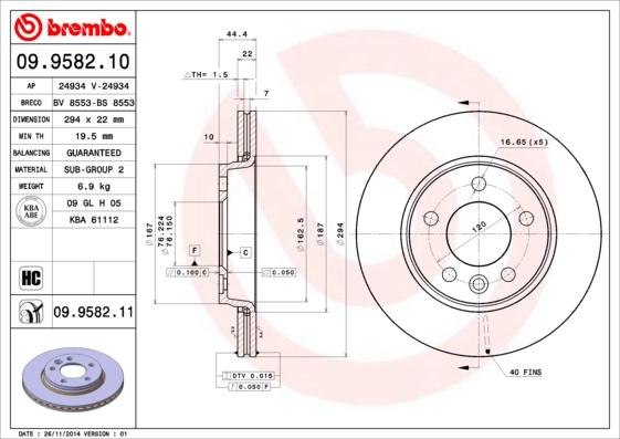 Brembo 09.9582.10 - Тормозной диск autosila-amz.com