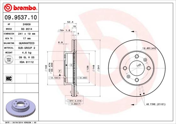 Brembo 09.9537.10 - Тормозной диск autosila-amz.com