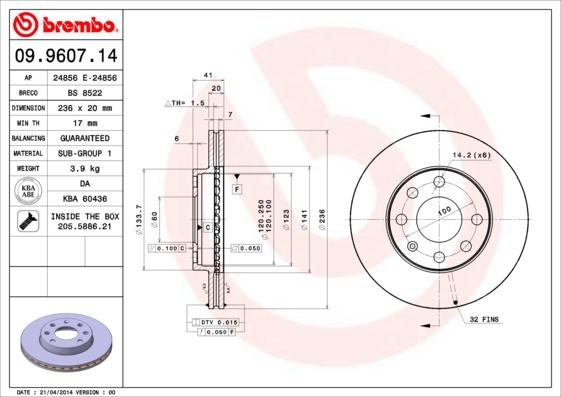 Brembo 09.9607.14 - Тормозной диск autosila-amz.com