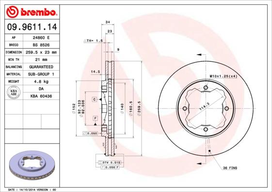 Brembo 09.9611.14 - Тормозной диск autosila-amz.com