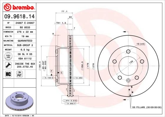 Brembo 09.9618.14 - Тормозной диск autosila-amz.com