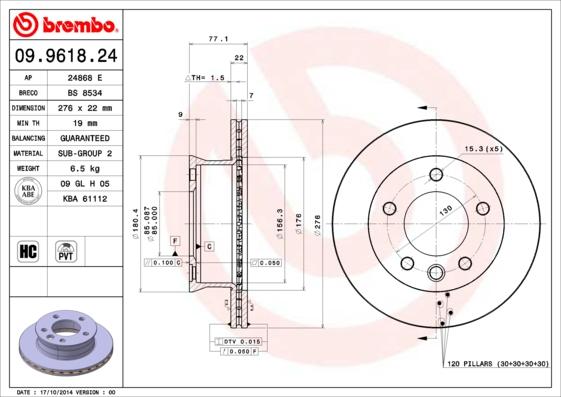 Brembo 09.9618.24 - Тормозной диск autosila-amz.com