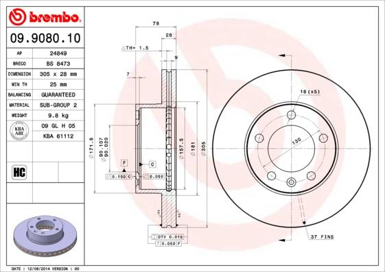 Brembo 09.9080.10 - Тормозной диск autosila-amz.com