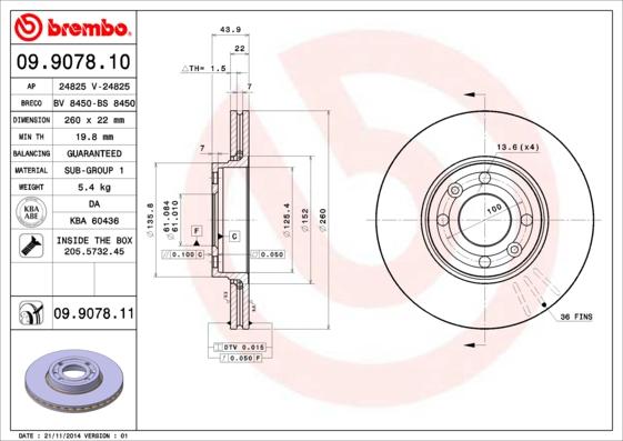 Brembo 09.9078.11 - Тормозной диск autosila-amz.com